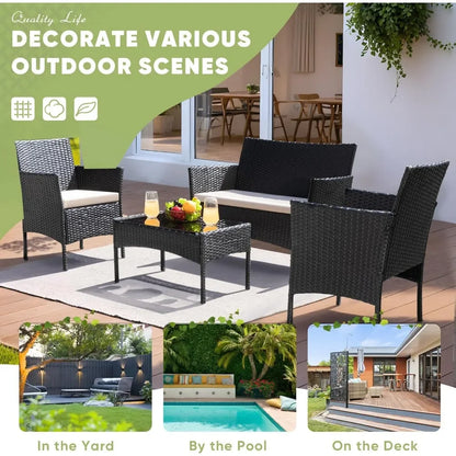patio furniture 4 pieces conversation sets outdoor wicker rattan chairs garden backyard balcony porch poolside loveseat with cu