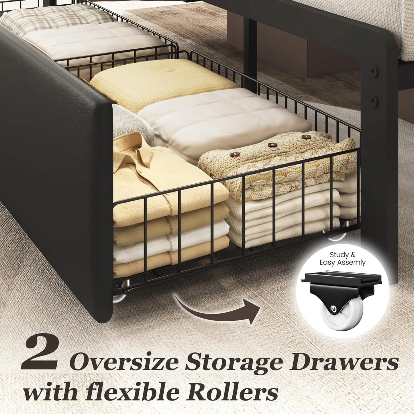 Queen Bed Frame with Storage Drawers, Upholstered Headboard, Charging Station, Noise-Free Metal Structure in Black