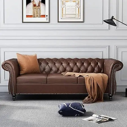 Chesterfield Leather Sofa 3 Seater Couch, Mid-Century Large Sofa Roll Arm Classic Tufted Settee Modern PU Sofa with Channel Tuf