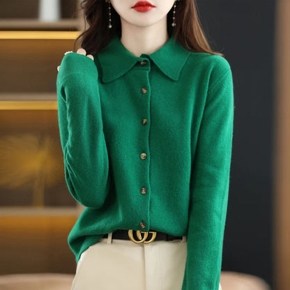2024 Women's POLO Collar Knitted Cardigan Basic Versatile Top Spun Wool Jacket Elegant Single Breasted Sweater DMR430