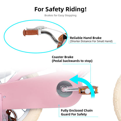 JOYSTAR Retro Style Girls Bike for 2-12 Years Kids, 12 14 16 Inch Kids Bike with Training Wheels, 20 Inch with Kickstand, Pink