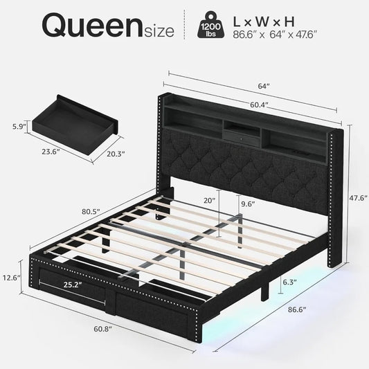 Queen Bed Frame with LED Lights, Storage Drawers & Charging Station, Upholstered Platform, No Box Spring Needed