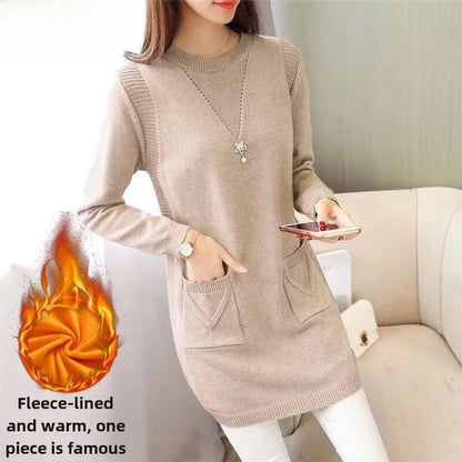2024 New Style Korean Version Loose-Fit Medium-Length Knit Base Layer Top Women's Pullover Sweater Skirt Fleece-Lined Thickened