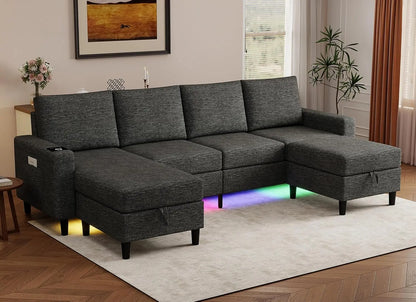 Smart Sectional Couches For Living Room, 6 Seat U/L Shaped Sectional Sofa With RGB Light/Charging, Modern Living, Customized