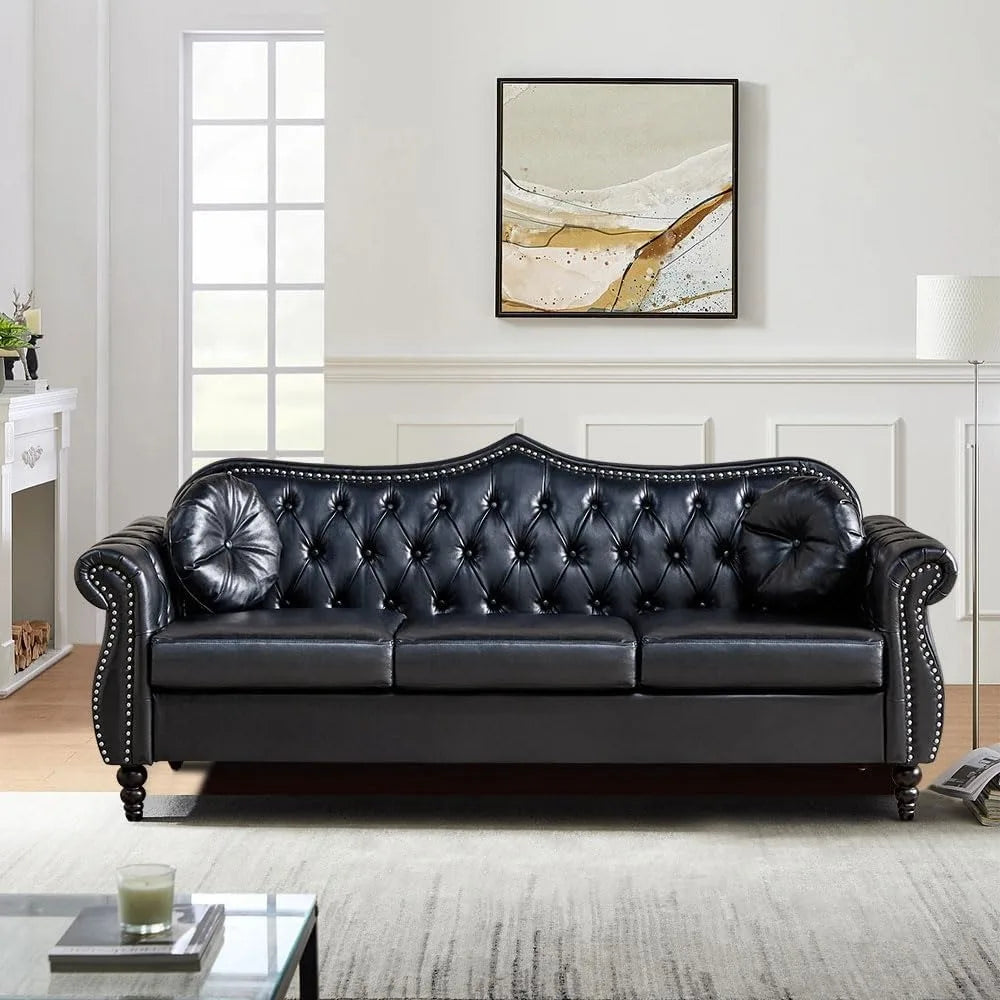 Chesterfield Three Seater Sofa, Mid-Century Modern Faux Leather 3-Seater Upholstered Couch, Tufted Living Room Sofa with 2 Pillo