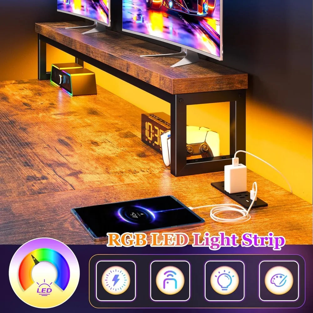 L Shaped Gaming Desk with LED Lights & Power Outlet, 48Inch Corner Computer Desk with Drawers Reversible Home Office Desks with