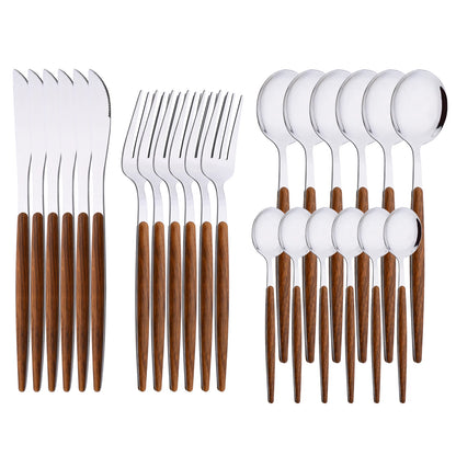 16/24/36Pcs Dinnerware Set Stainless Steel Imitation Wooden Handle Clamp Western Knife Fork Spoon Cutlery Tableware Silverware