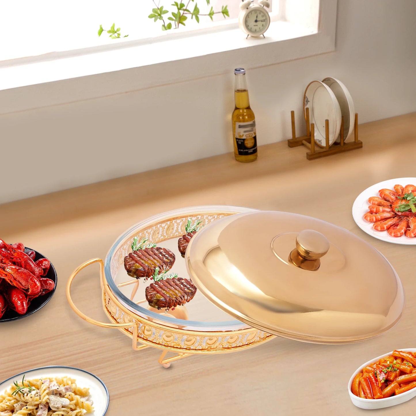 Gold Oval Table Standing Chafing Dish Set, 2L/2.11qt Stainless Steel & Glass Buffet Food Warmer for Catering, Parties & Home Use