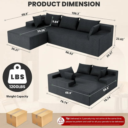 107" Modular L-Shape Sofa with Chaise, Deep Seat Cloud Couch, No Assembly Required for Living Room Bedroom (Dark Grey)