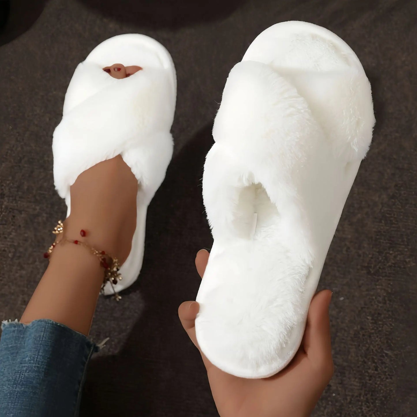 Women’s Cross Band Fur Slippers Indoor Furry Fuzzy Open Toe Shoes Home Cozy Warm Slides Double Straps Slipper Soft Sole Non Slip