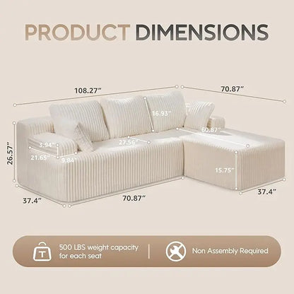Modular Sectional Sofa Couches 108" L-Shape Couch 3 Seat Modular Sofa Memory Foam Sectional Couches for Living Room