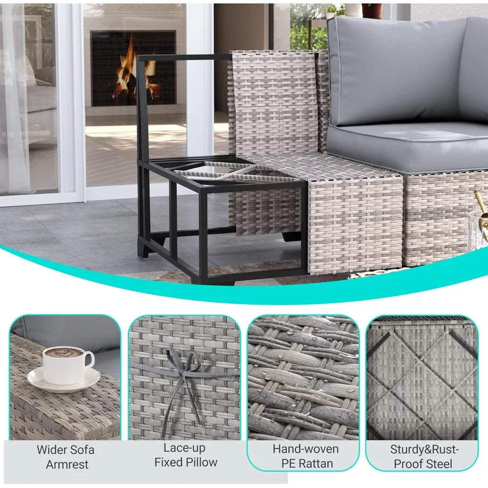 12-Piece Outdoor Patio Furniture Set Wicker Sectional Sofa Set, Patio Conversation Set with Thickened Cushions & Side Table