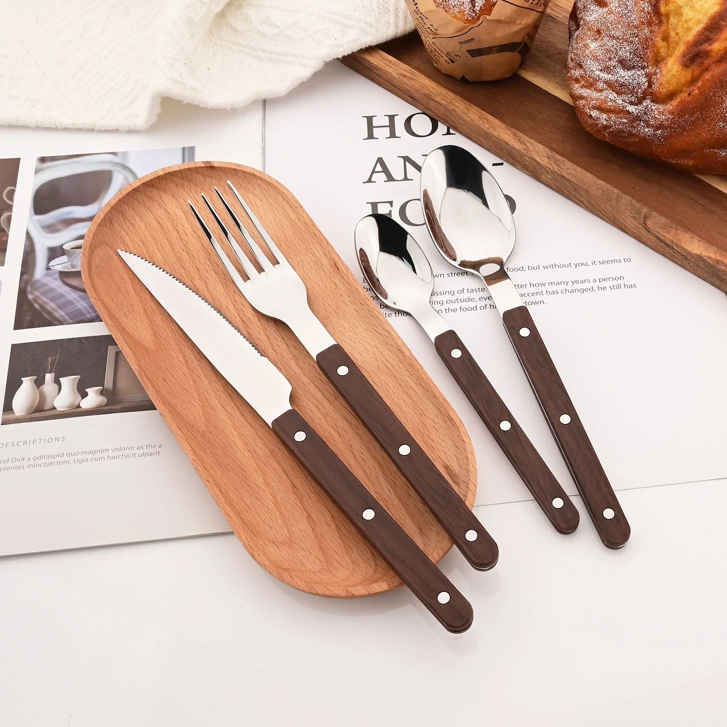 5/20Pcs Imitative Wood Silver Dinnerware Set Western Knife Fork Spoons Set Mirror Stainless Steel Cutlery Kitchen Silverware Set