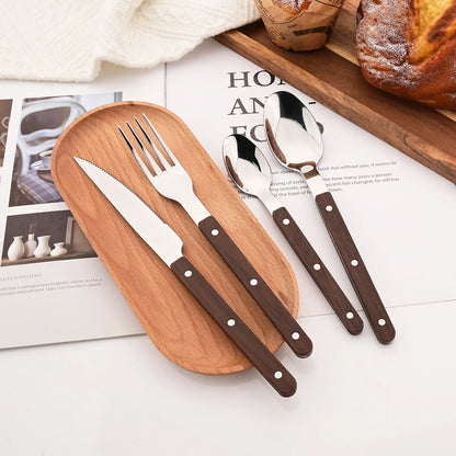 5/20Pcs Imitative Wood Silver Dinnerware Set Western Knife Fork Spoons Set Mirror Stainless Steel Cutlery Kitchen Silverware Set