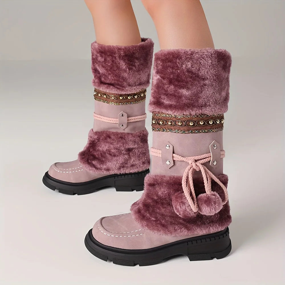 Women's Winter Furry Knee High Snow Boots Fashion Platform Chunky Heels Warm Faux Fur Lining Pull On Casual Comfy Boots Woman