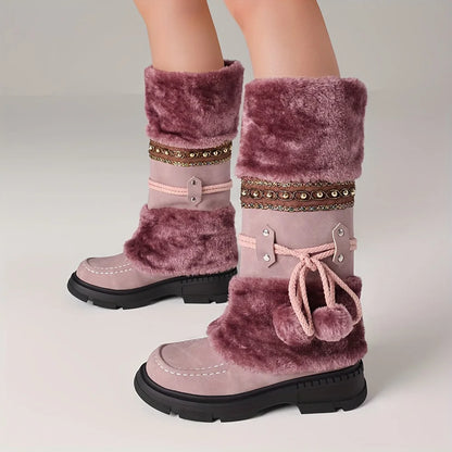 Women's Winter Furry Knee High Snow Boots Fashion Platform Chunky Heels Warm Faux Fur Lining Pull On Casual Comfy Boots Woman