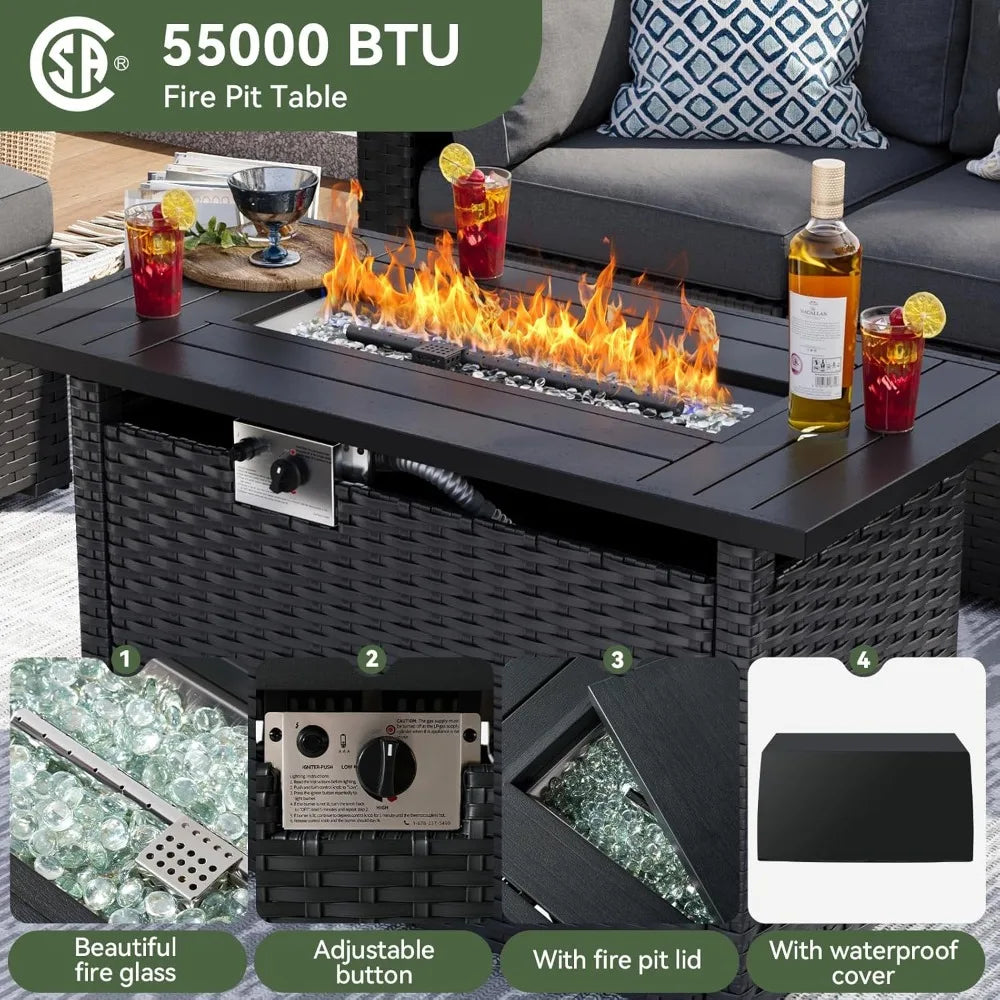 8 Piece Patio Furniture Set with 44” Fire Pit Table Wicker Rattan Patio Sectional Sofa Set Outdoor Seating Furniture with Thick