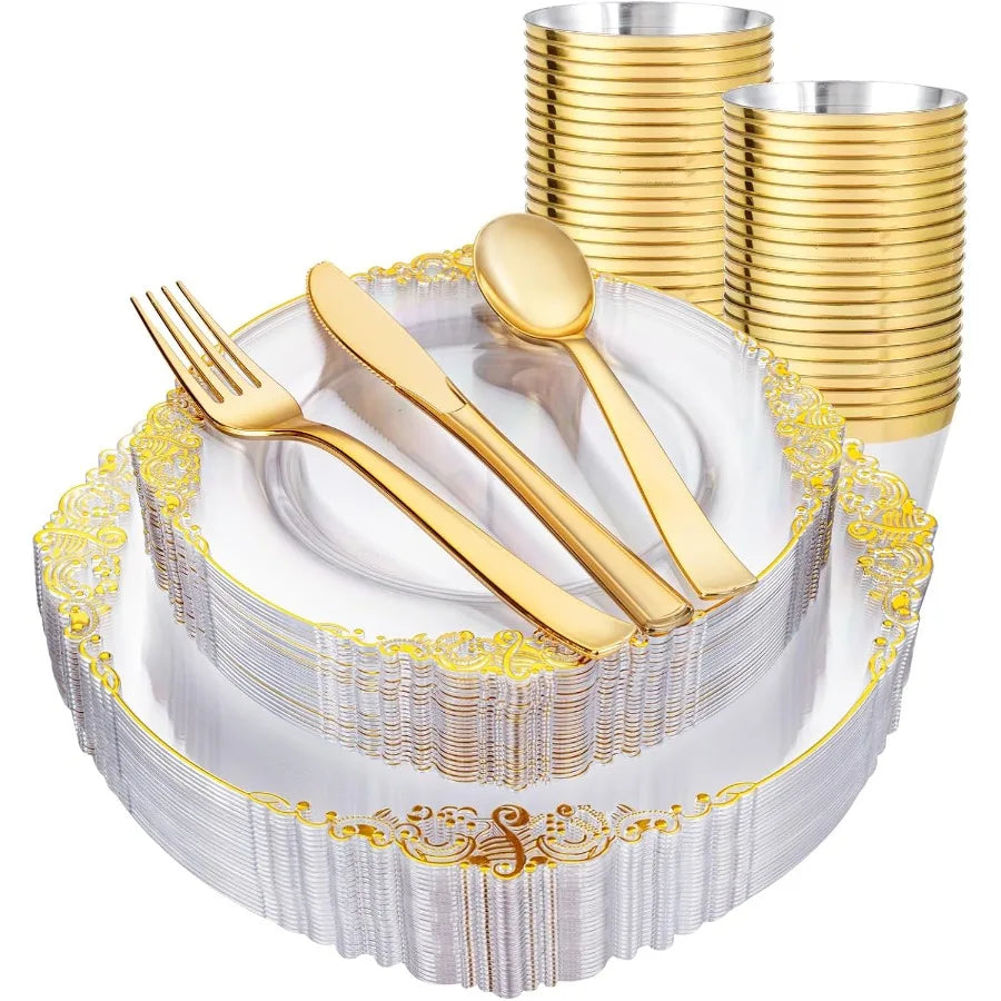 150PCS Clear and Gold Plastic Plates Disposable Dinnerware Set for Elegant Events and Parties Ideal for Serving 25 Guests with
