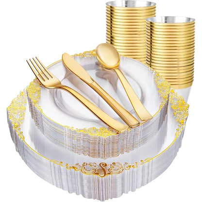 150PCS Clear and Gold Plastic Plates Disposable Dinnerware Set for Elegant Events and Parties Ideal for Serving 25 Guests with