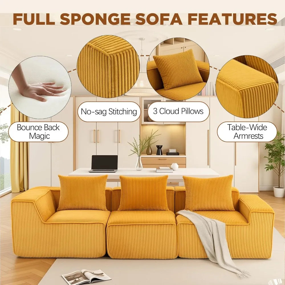 111.5" Cloud Couch, Modular Boneless Sectional Sofa for Living Room & Bedroom, Deep Seat 3-Seater Corduroy Modular Sofa Couch