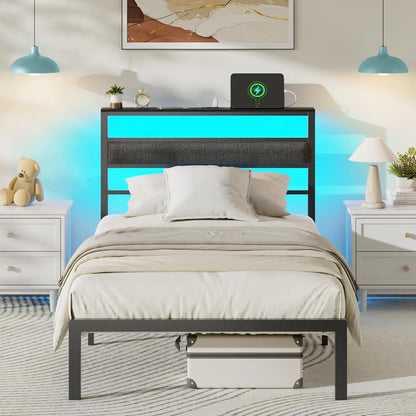 Bed Frame with Headboard, Bed Frame with LED Light and Charging Station, Black Metal Platform Bedframe and Storage Shelf