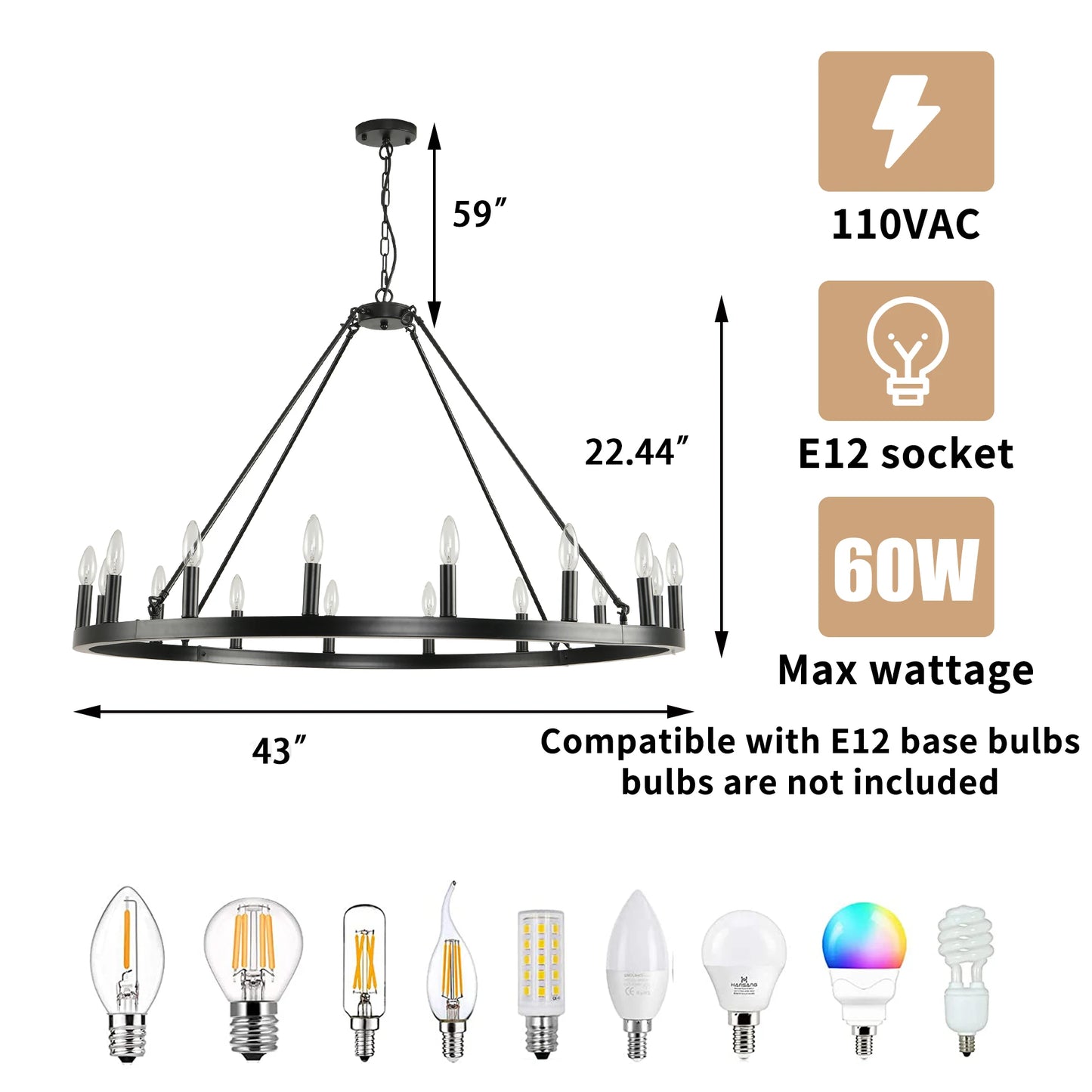 16-Light Wagon Wheel Chandelier Round Matte 43 inch Modern Rustic Farmhouse Pendant Light Large Chandeliers for Living Room