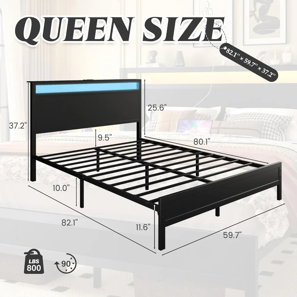 Bed Frame with Headboard & Footboard, Bed Frame with Built-in Charging Station & LED Light, Storage Shelf,, Customized