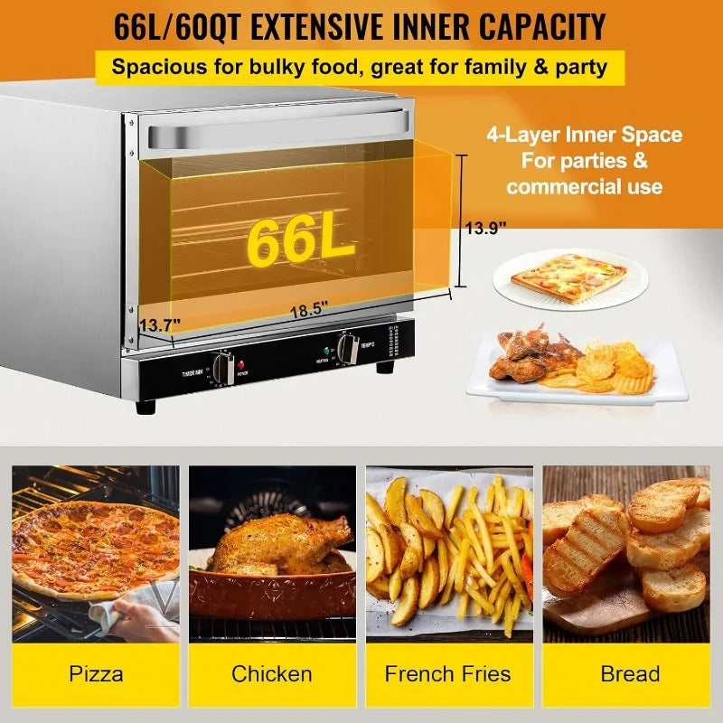 VEVOR Commercial Convection Oven, 66L/60Qt, Half-Size Conventional Oven Countertop, 1800W 4-Tier Toaster w/Front Glass Door
