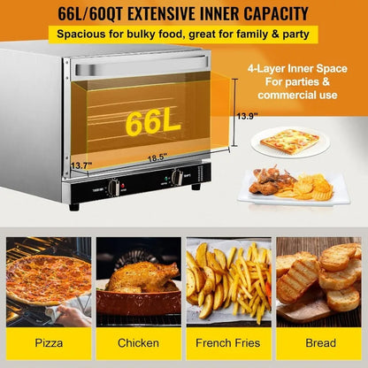 VEVOR Commercial Convection Oven, 66L/60Qt, Half-Size Conventional Oven Countertop, 1800W 4-Tier Toaster w/Front Glass Door