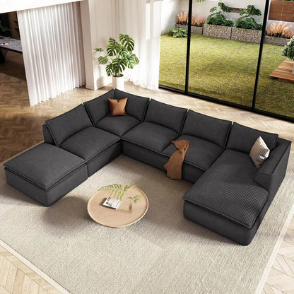 141.7" Oversized Boneless Sectional Couch, Modern 7 Seater Modular Sofa with Chaise & Ottoman, Deep Seat Corduroy, Customized