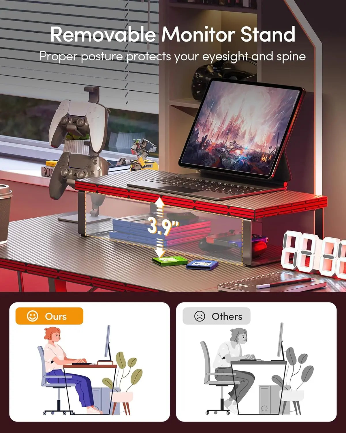 L Shaped Gaming Desk Computer Office Desk with Carbon Fiber Surface, 47 inch Corner Desk with Large Monitor Stand for Home Offic