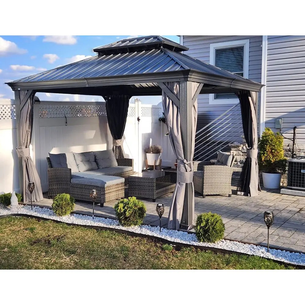 10' x 12' Steel Double Roof Outdoor Pavilion with Curtains and Netting for Backyard, Deck, Lawn (Gray)