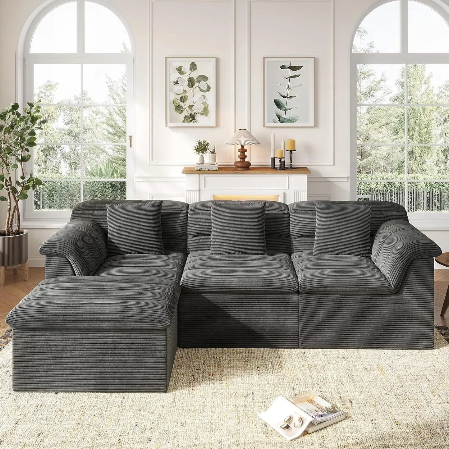 112" Modular Cloud Sectional Couch with Ottoman, Modern Upholstered Compressed Sofa with Deep Seat, Comfy L-Shape,Customized