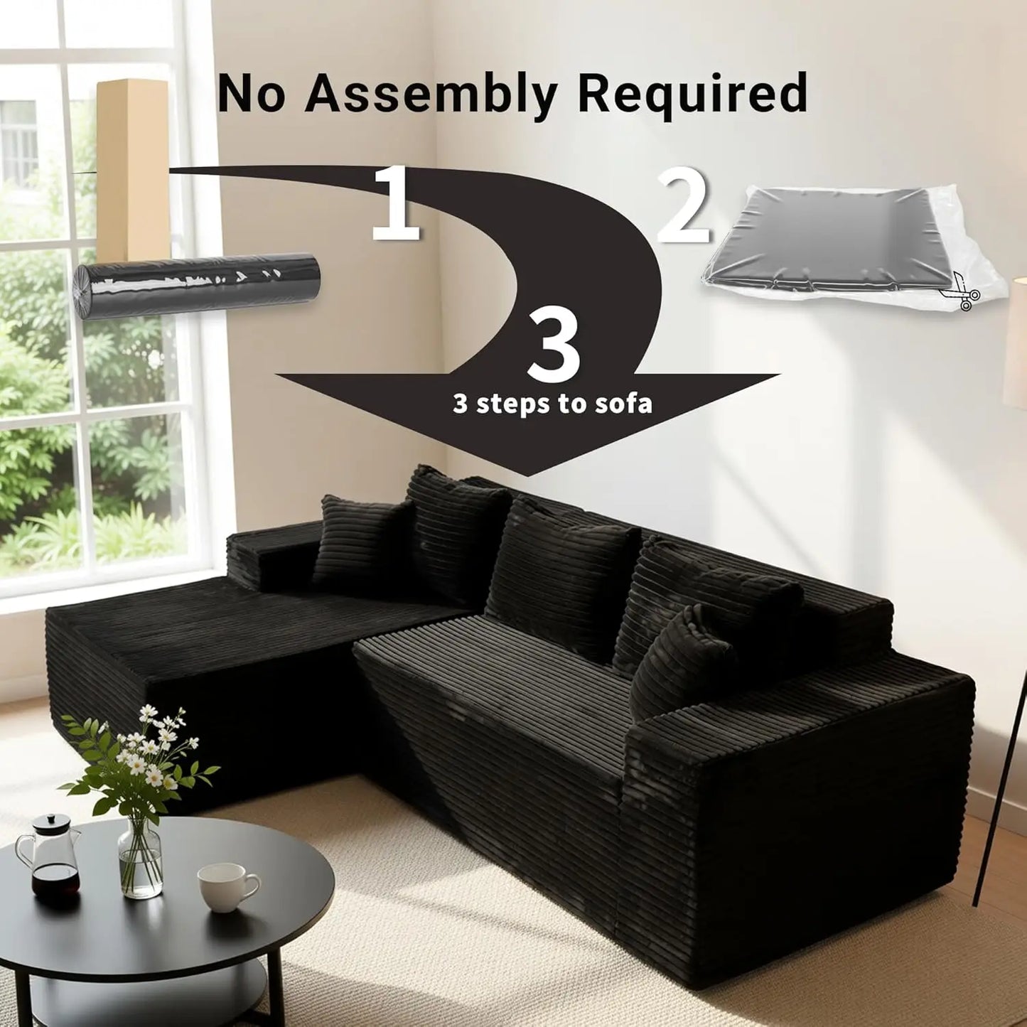 95" Boneless Couch, Cloud Couch Sectional, L-Shape Corduroy Modular Sectional Sofa Deep Seat, Upholstered Couches, Customized