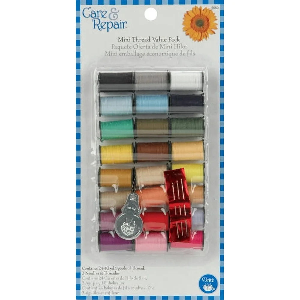 24 Pack Mini Thread Spools Durable Polyester with Hand Needles and Threader Sewing Repairs Household Crafts