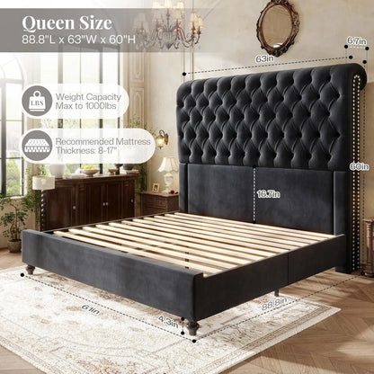 Queen Size Velvet Upholstered Bed Frame with Tall Headboard, Noise-Free, No Box Spring Needed, Black