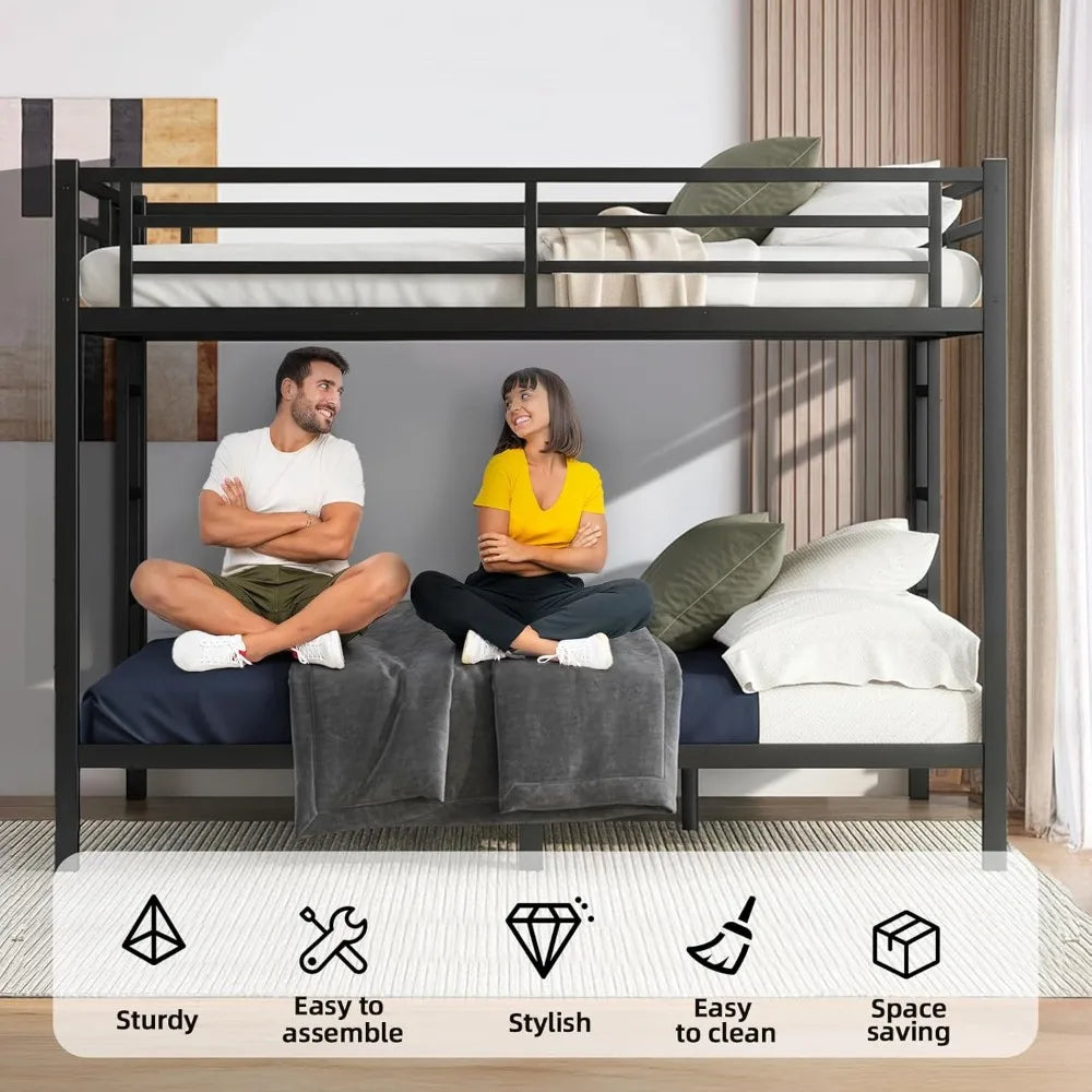 Queen Over Queen Bunk Bed Frame, Heavy Duty Metal Loft Bed for Adults/Teens, 400/600LB Capacity w/Ladder & Guardrail, Noise-Free