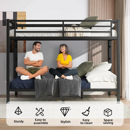 Queen Over Queen Bunk Bed Frame, Heavy Duty Metal Loft Bed for Adults/Teens, 400/600LB Capacity w/Ladder & Guardrail, Noise-Free