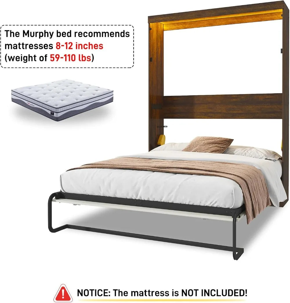 Queen Size Murphy Bed with LED Lights, Farmhouse Wood Hidden Wall Bed Frame, Space-Saving Storage Cabinet for Bedroom Office