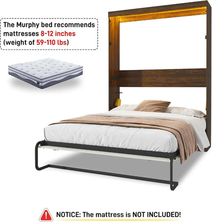 Queen Size Murphy Bed with LED Lights, Farmhouse Wood Hidden Wall Bed Frame, Space-Saving Storage Cabinet for Bedroom Office
