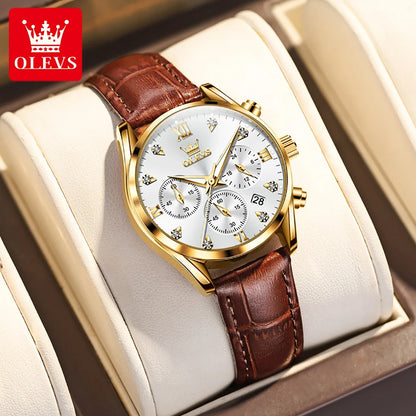 OLEVS Women's Watches Luxury Waterproof Luminous Quartz Watch Multifunctional Leather Strap Original Certified Brand Wristwatch