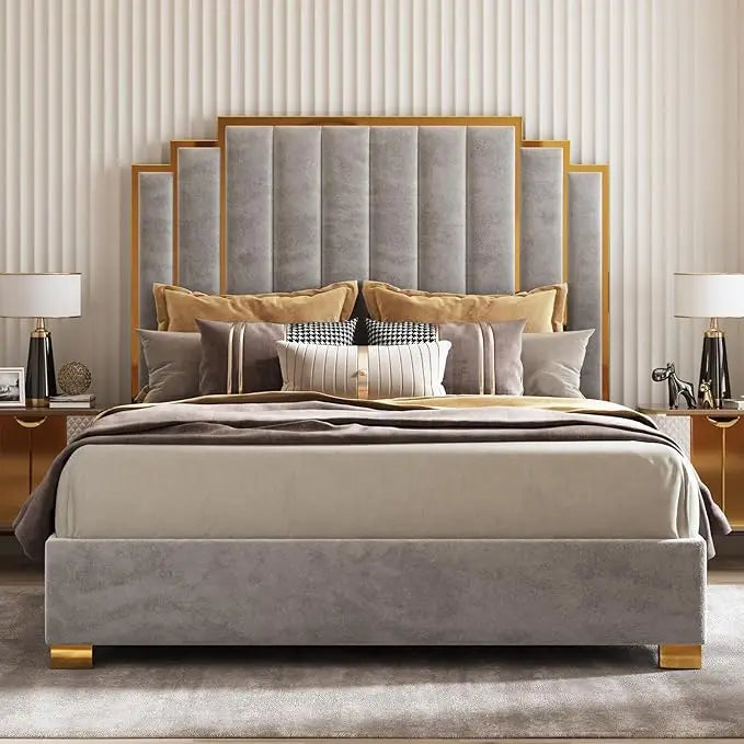 Modern Velvet King Bed Frame with 65.4 High Gold Trim Headboard, No Box Spring RequiredCustomized
