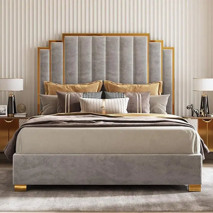 Modern Velvet King Bed Frame with 65.4 High Gold Trim Headboard, No Box Spring RequiredCustomized