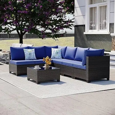 8 Piece Patio Furniture Set with Fire Pit Table, Outdoor Sectional Furniture, Wicker Patio Sofa, Conversation Set Perfect for Ba