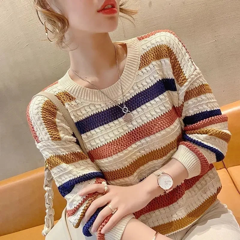 2024 Spring Summer New Hollow Color Striped Knitted Top Women's Loose Fit Cropped Bat Top Thin Cover Ups Crew Neck Pullovers