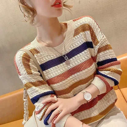 2024 Spring Summer New Hollow Color Striped Knitted Top Women's Loose Fit Cropped Bat Top Thin Cover Ups Crew Neck Pullovers