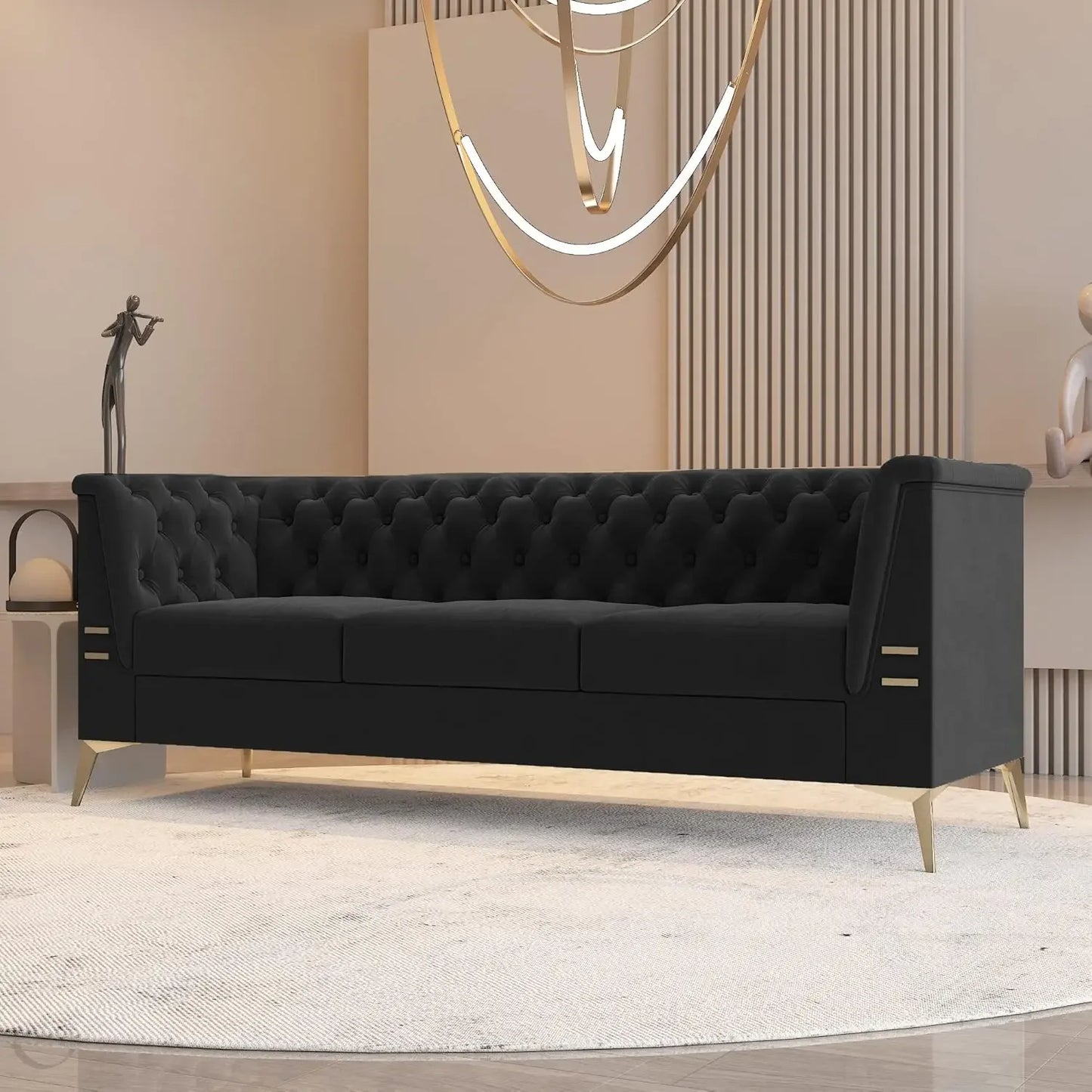 Black Chesterfield Velvet Couch for Living Room,3 Seater Tufted Sofa with Gold Metal Legs, Large Upholstered Comfy, Customized