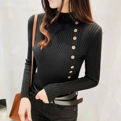 Spring Autumn Mock Neck Skinny Elastic Knitted Shirt Women Pullover Sweater Tops Female Long Sleeve Slim Knit Shirts Knitwear