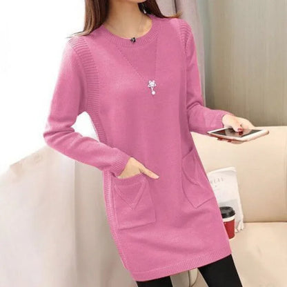 2024 New Style Korean Version Loose-Fit Medium-Length Knit Base Layer Top Women's Pullover Sweater Skirt Fleece-Lined Thickened