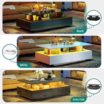 led coffee tables for living room, high glossy coffee table with storage 4 sliding drawers, small rectangular led coffee table
